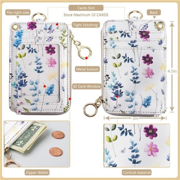 2-in-1 ID Badge Holder & Lanyard Wallet for Womens Cute Floral Zipper - Picture 2 of 7